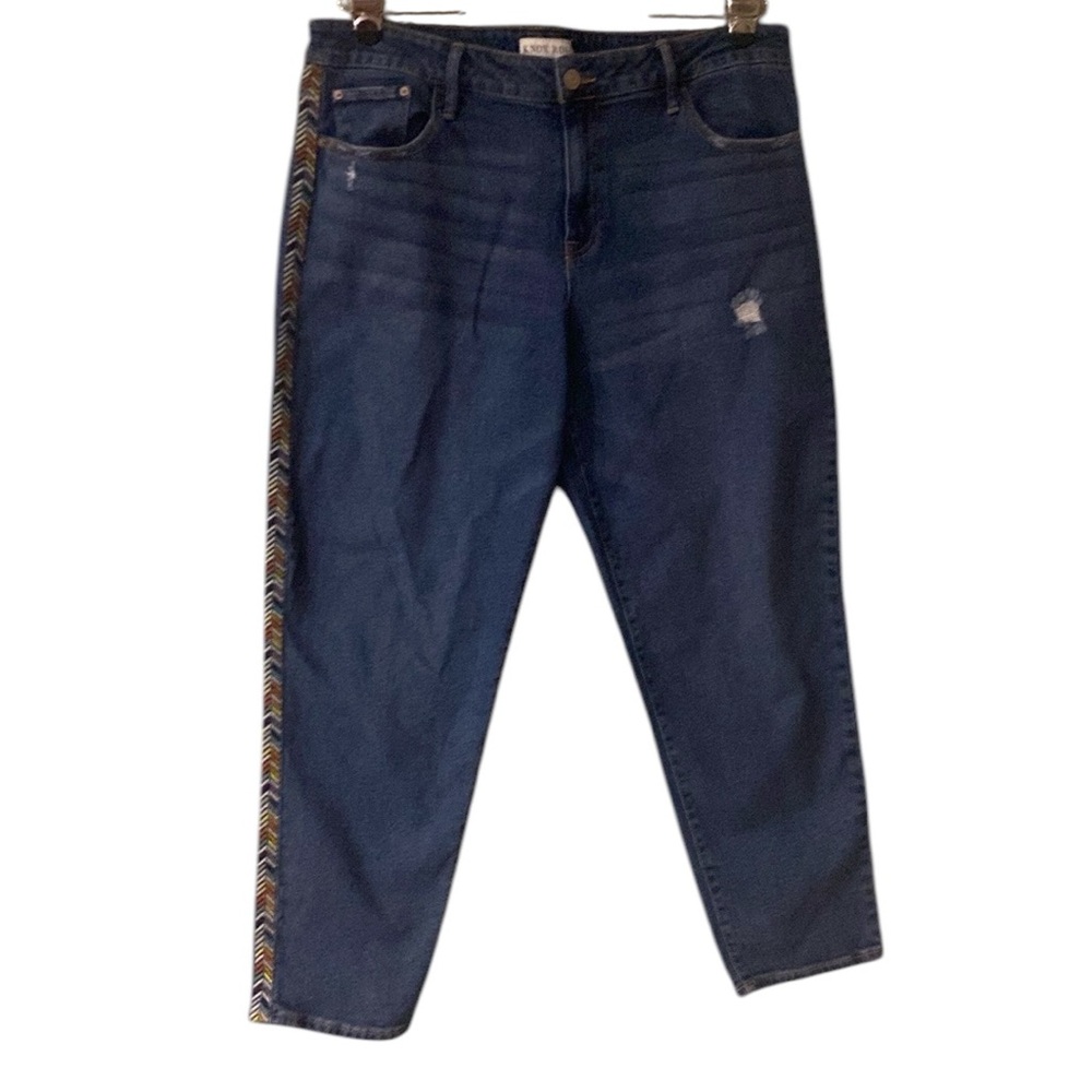 Knox Rose Distressed Jeans With Embroidered Design Down Sides of Legs, Size 16